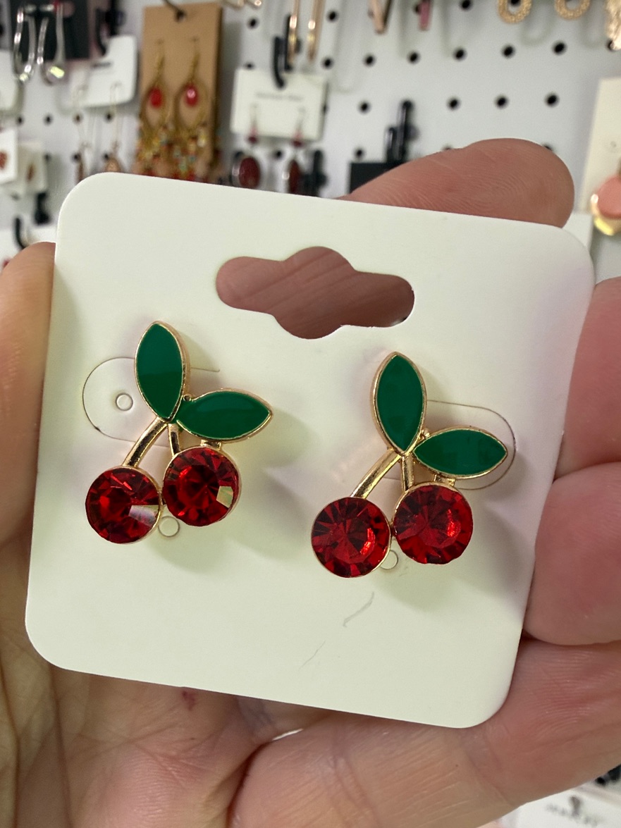 Cherry Crystal Stud Earrings - Green & Red